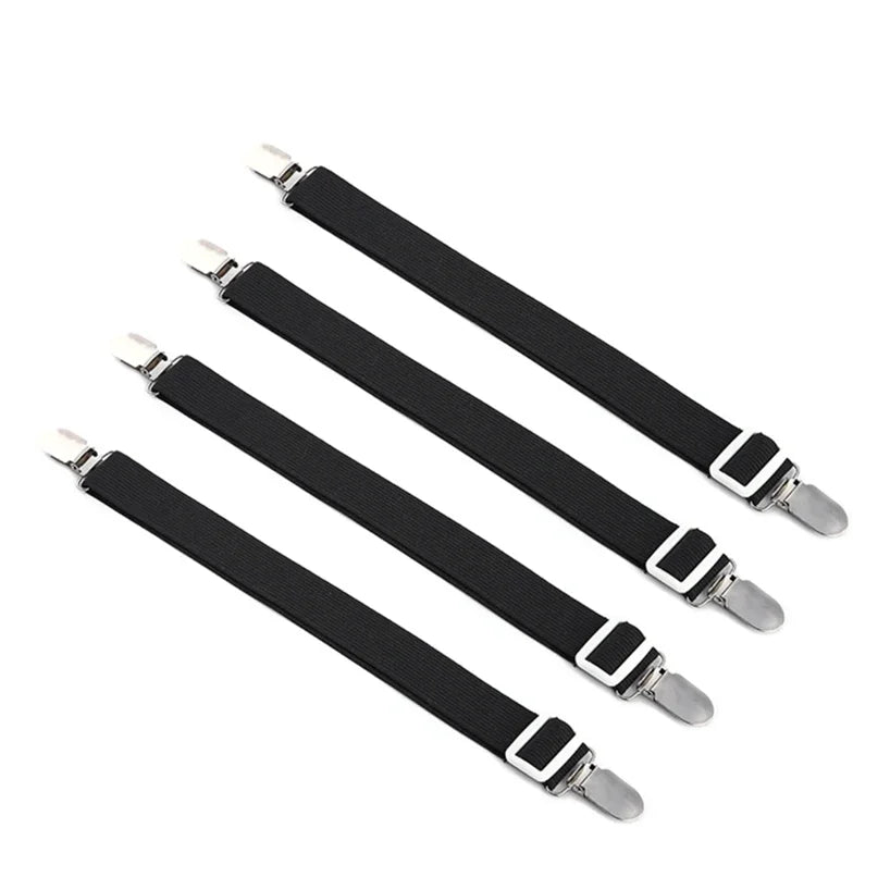 Adjustable elastic bed sheet corner fasteners with metal clips and hook straps