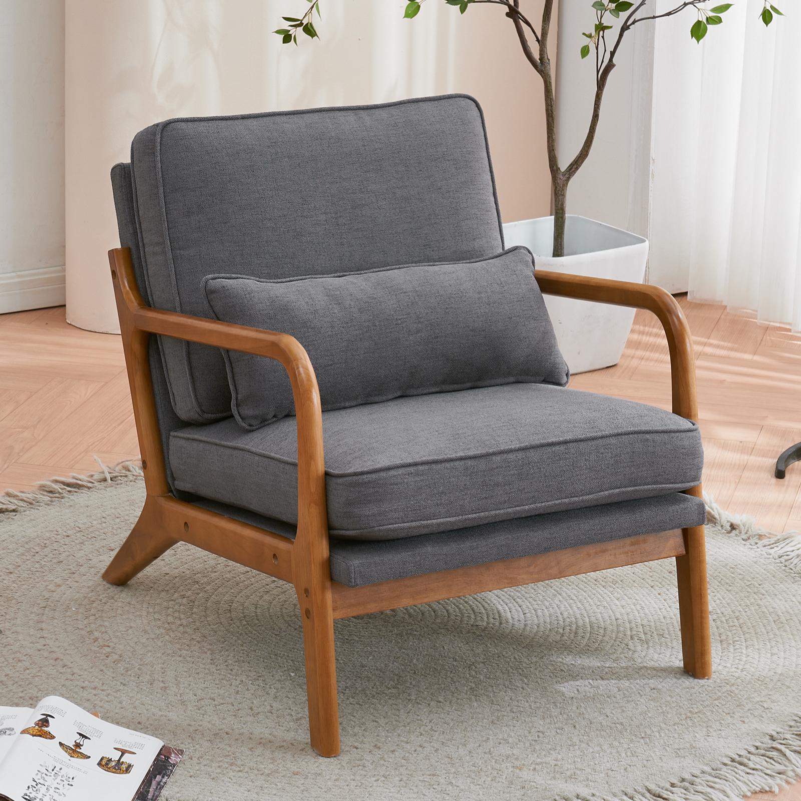 Oak Armrest Lounge Chair: Dark Grey Upholstered Mid-Century Modern Style