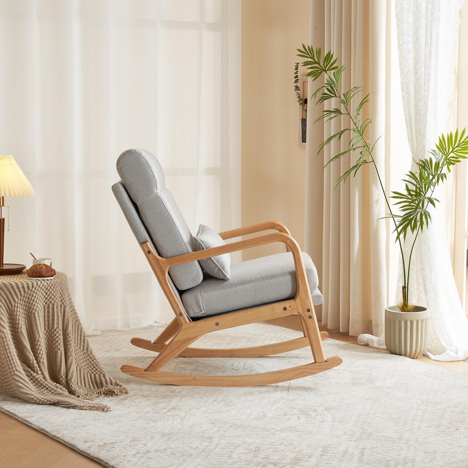 High Back Light Gray Rocking Chair with Solid Wood Armrest, Iron Frame, Linen Upholstered Seat, Dual-Use Indoor Armchair with Lumbar Pillow