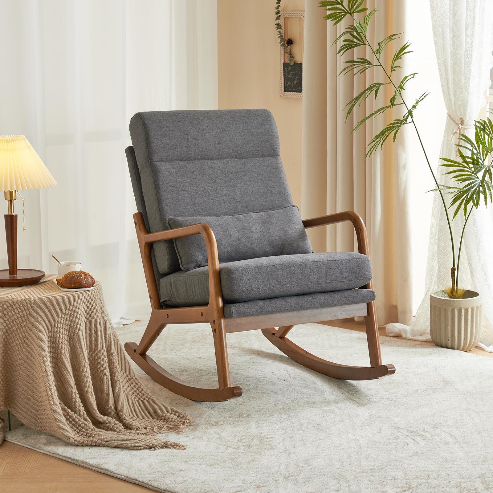High Back Dark Gray Rocking with Solid Wood Armrest, Iron Frame, Linen Upholstered Seat, Dual-Use Indoor Armchair with Lumbar Pillow
