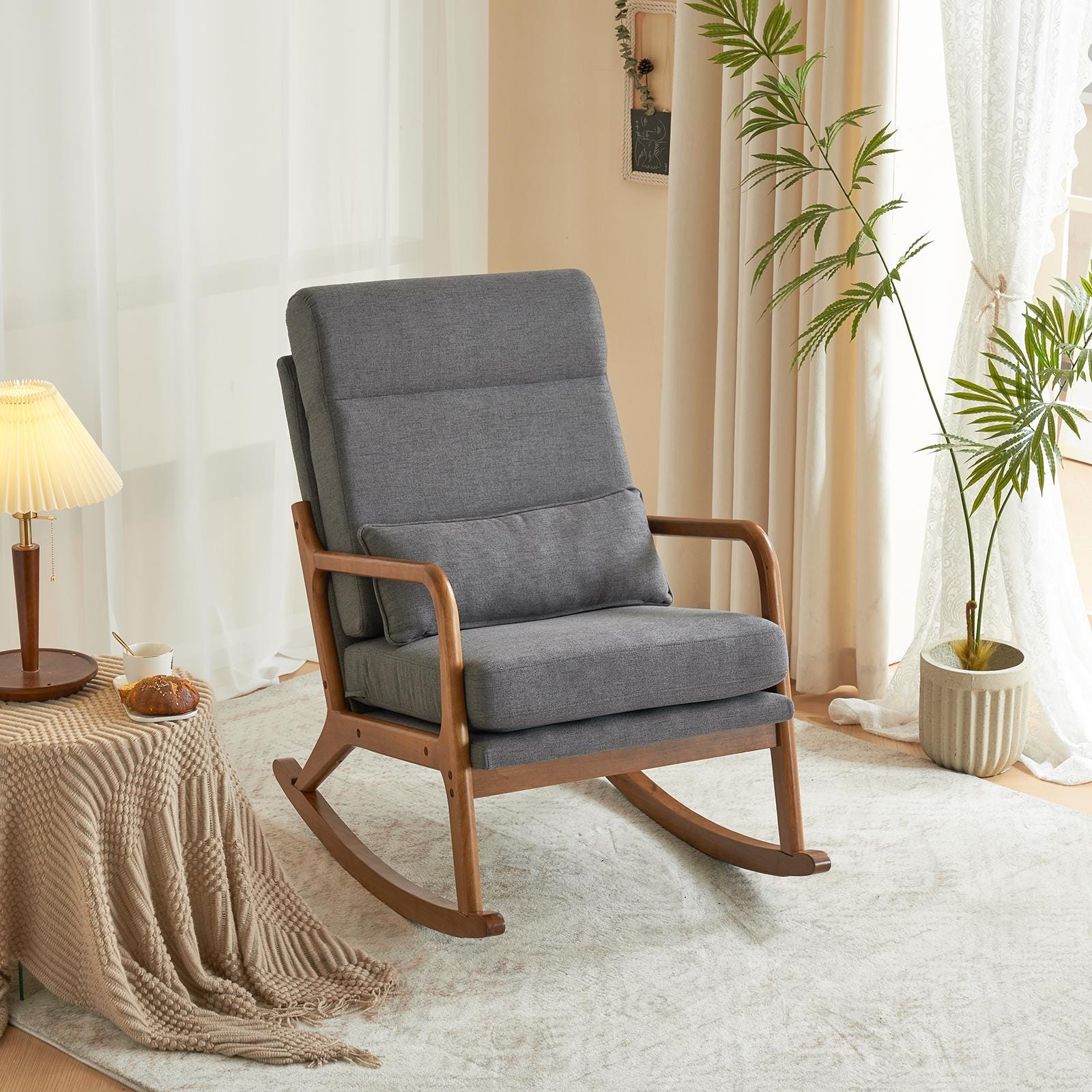 High Back Dark Gray Rocking with Solid Wood Armrest, Iron Frame, Linen Upholstered Seat, Dual-Use Indoor Armchair with Lumbar Pillow