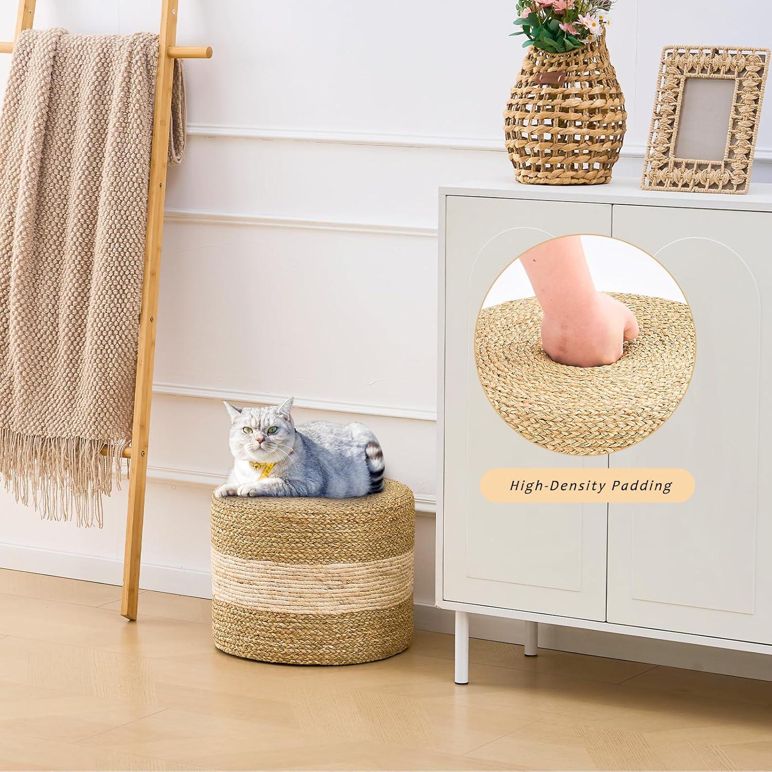 Handmade Woven Seagrass Foot Stool Ottoman Natural Eco-Friendly Home Decor Round Low Seat Rustic Handcrafted Accent Chair