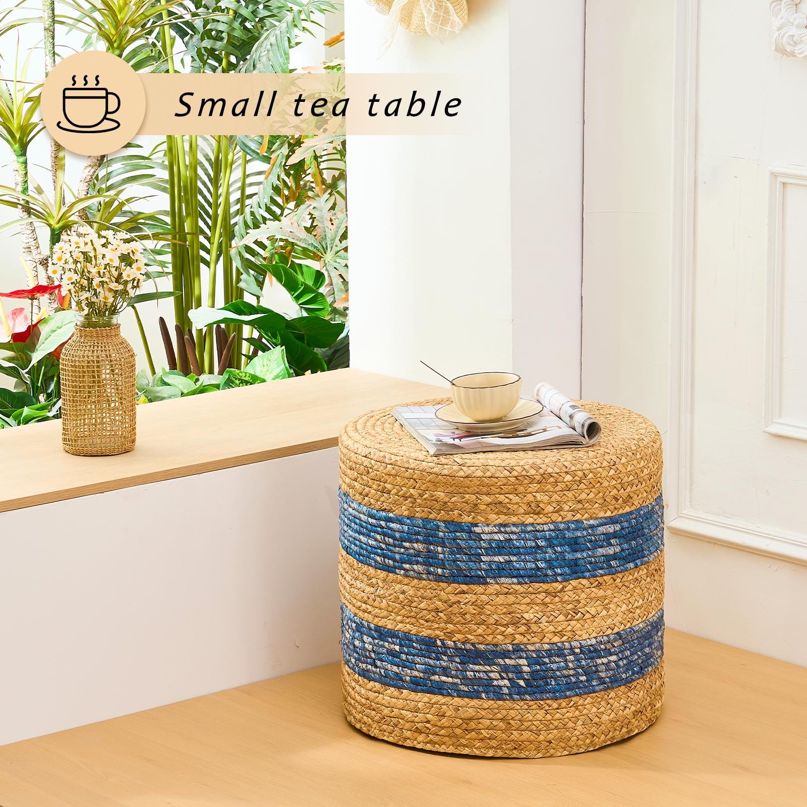 Handmade Woven Water Hyacinth Foot Stool Ottoman Natural Eco-Friendly Rustic Home Decor Low Seat Handcrafted Accent Chair