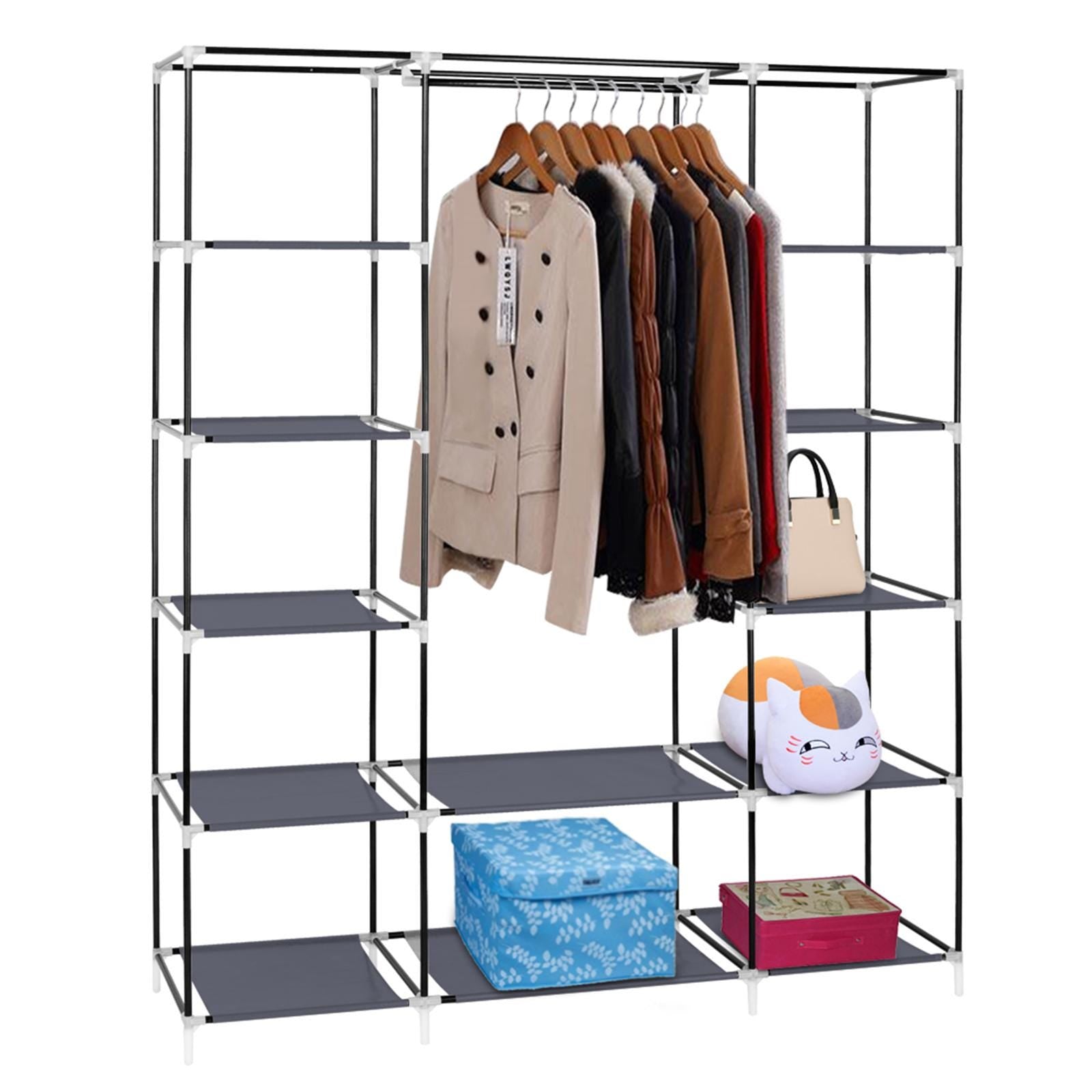 Portable Clothes Closet: 69" Gray Non-Woven Fabric Wardrobe Organizer