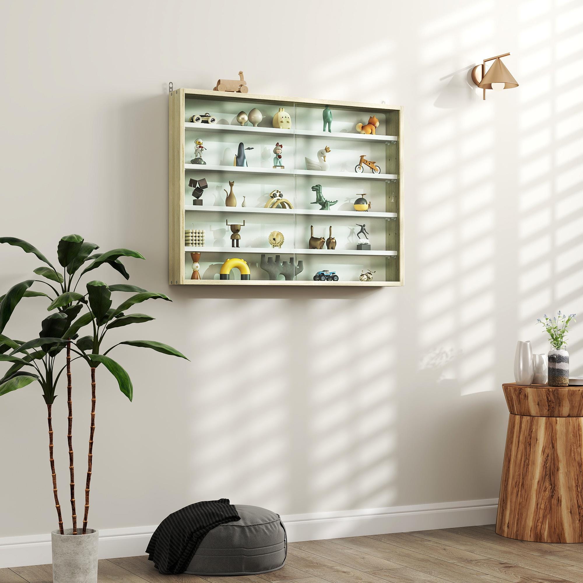 Wall Mounted Display Cabinet with Glass Doors | Modern Oak White Storage Shelf Organizer for Living Room Kitchen Collectibles