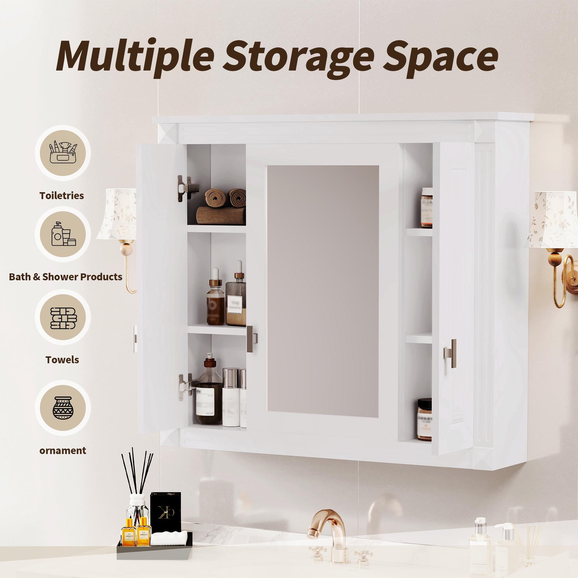 Bathroom Wall Cabinet with Mirror | White Wall Mounted Medicine Cabinet 5 Shelves Over Toilet Storage Organizer Modern MDF