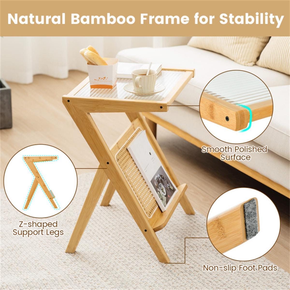 Modern Bamboo Z-Shape Side Table with Glass Top & Rattan Shelf | Small Sofa End Table | Boho Bedside Nightstand for Living Room