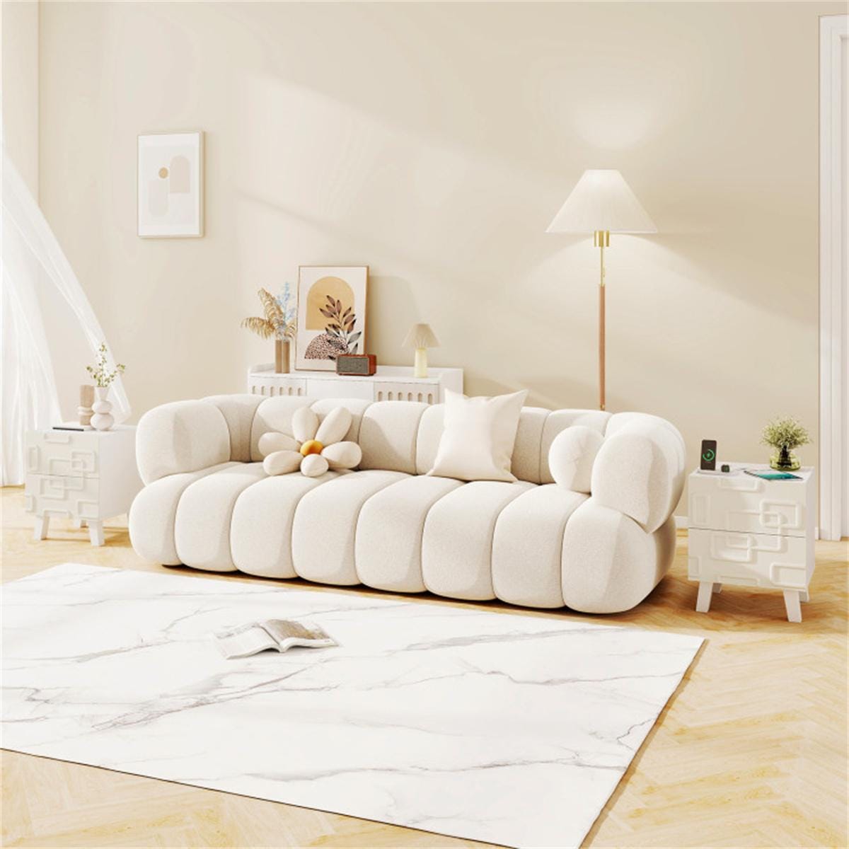 White Modern Nightstand with 2 Drawers | Geometric Bedroom Side Table | Minimalist Bedside Table for Living Room & Home Decor