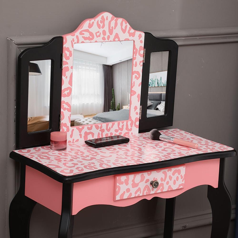 Red Leopard Print Kids Vanity Table with Tri-Fold Mirror