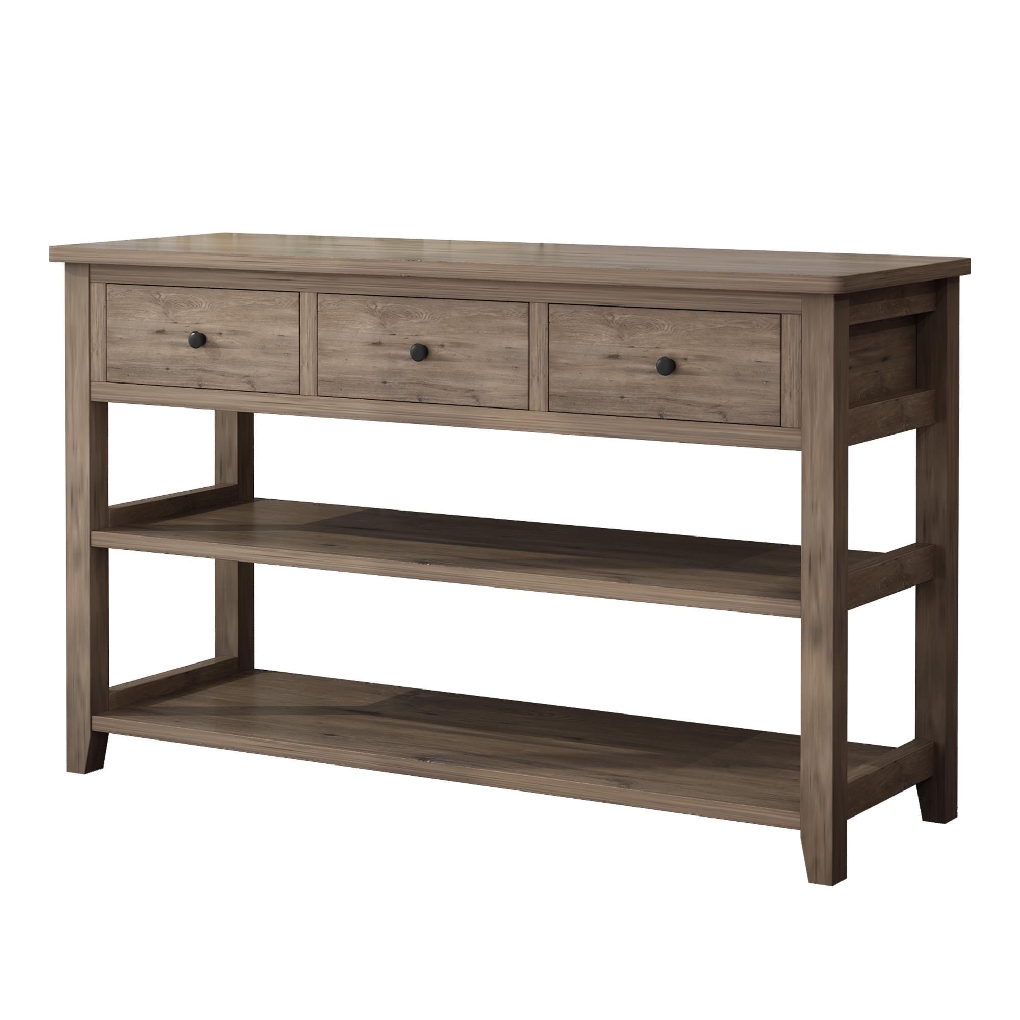 Wash Gray Console Table with 3 Drawers  2 Open Shelves, Sofa Table Entryway Table, Wood Frame Accent Table for Living Room & Bedroom