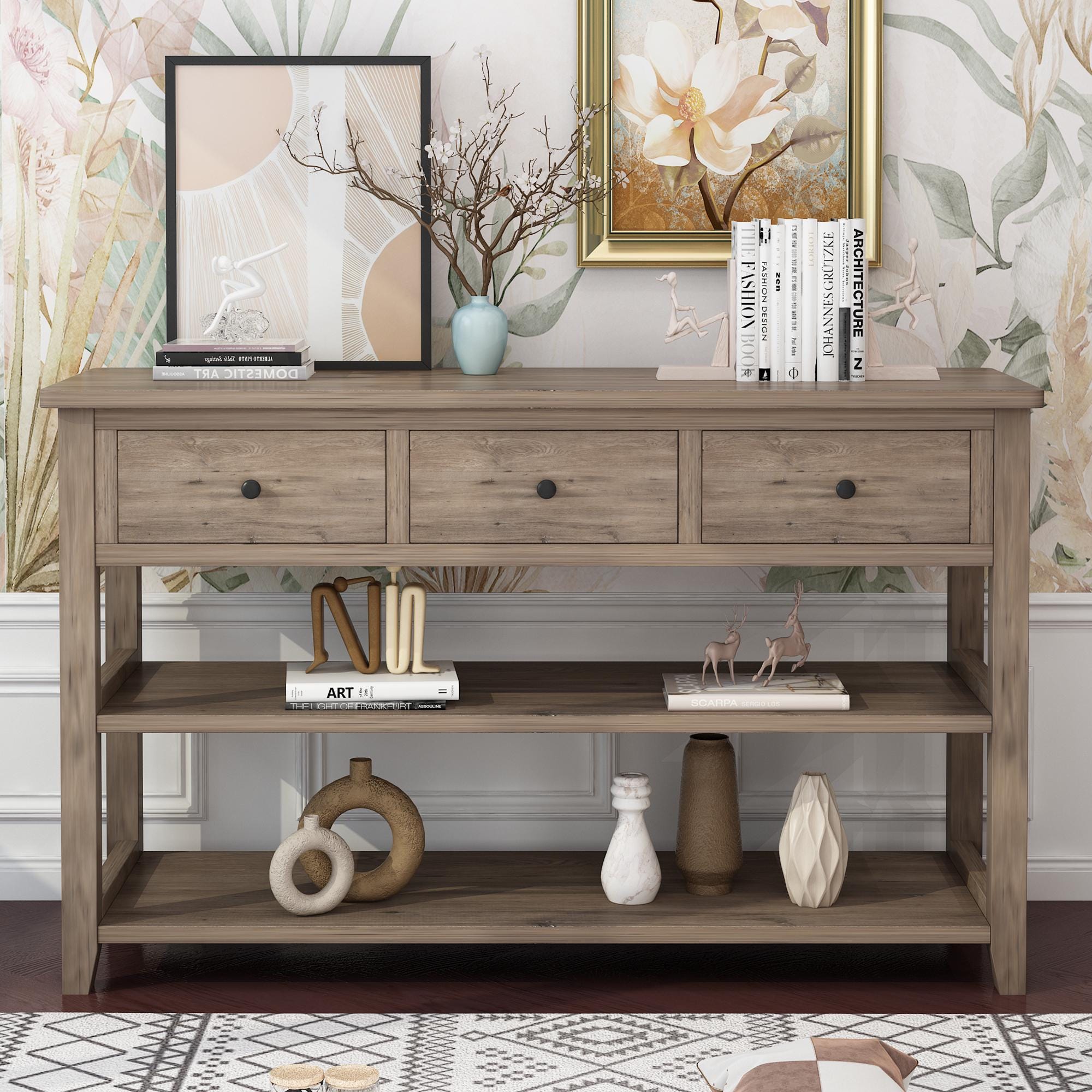 Wash Gray Console Table with 3 Drawers  2 Open Shelves, Sofa Table Entryway Table, Wood Frame Accent Table for Living Room & Bedroom
