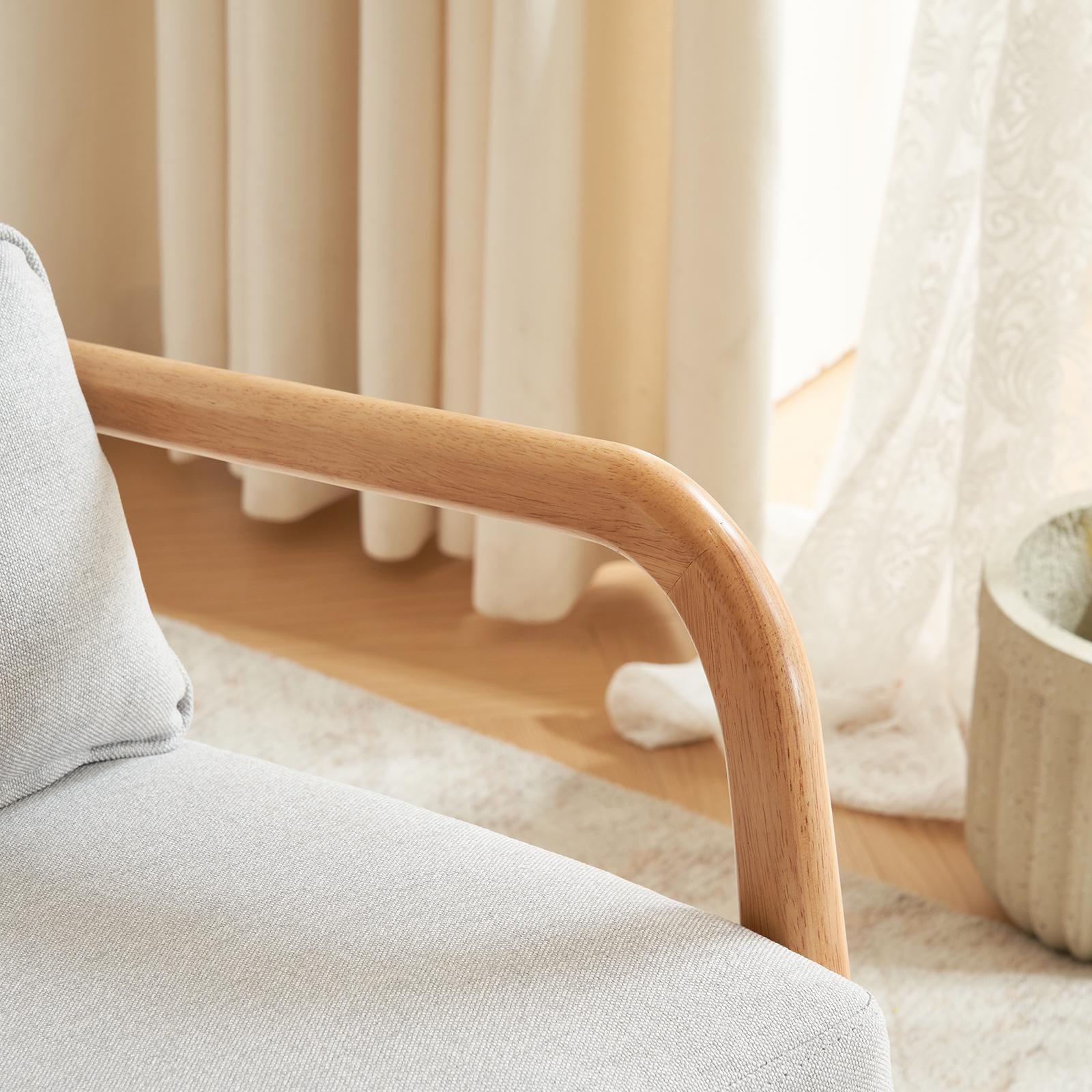 High Back Light Gray Rocking Chair with Solid Wood Armrest, Iron Frame, Linen Upholstered Seat, Dual-Use Indoor Armchair with Lumbar Pillow