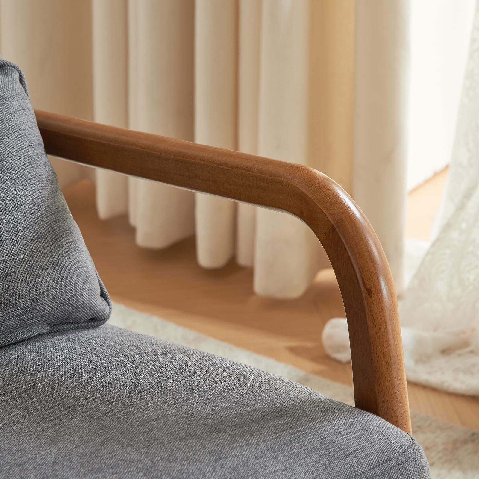 High Back Dark Gray Rocking with Solid Wood Armrest, Iron Frame, Linen Upholstered Seat, Dual-Use Indoor Armchair with Lumbar Pillow