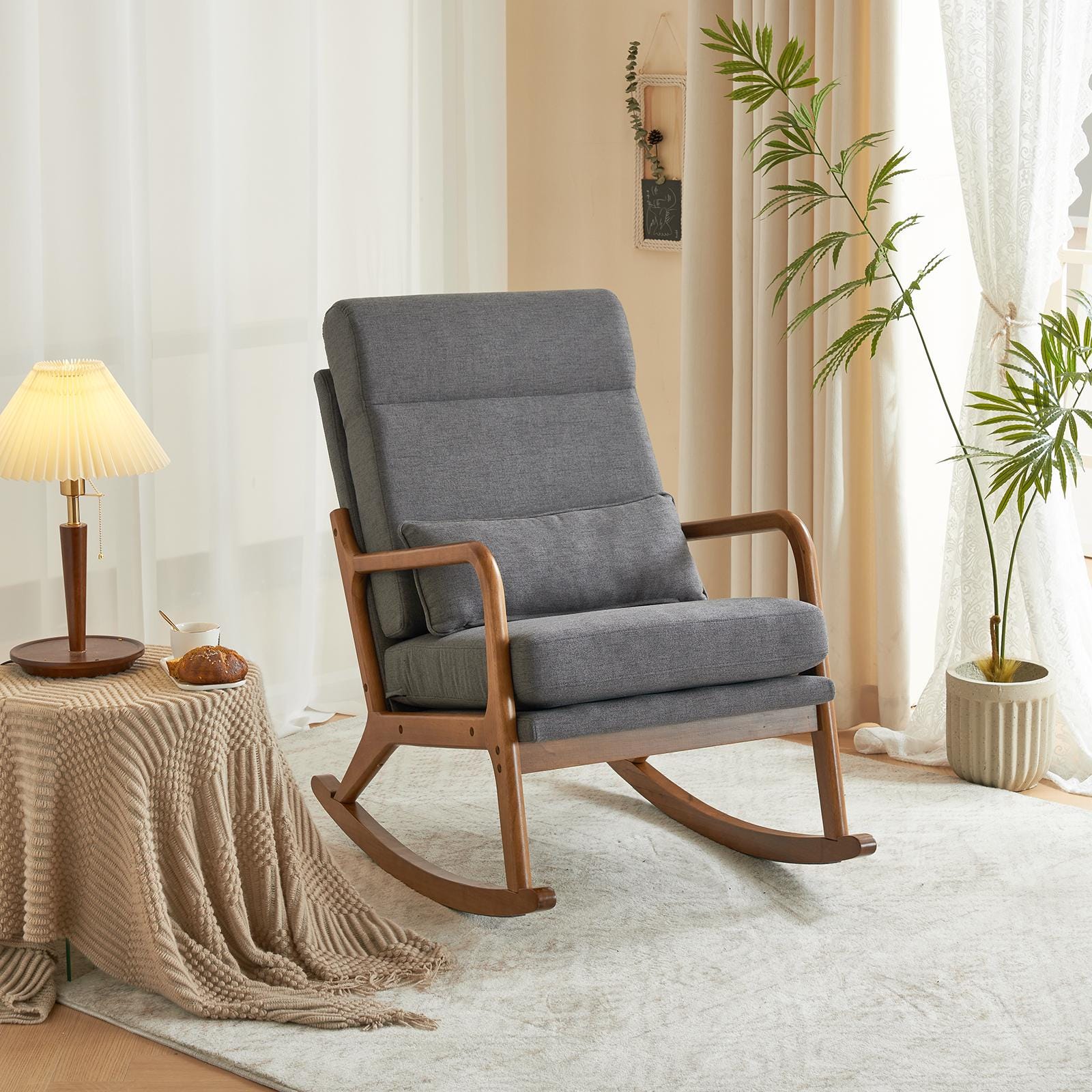 High Back Dark Gray Rocking with Solid Wood Armrest, Iron Frame, Linen Upholstered Seat, Dual-Use Indoor Armchair with Lumbar Pillow
