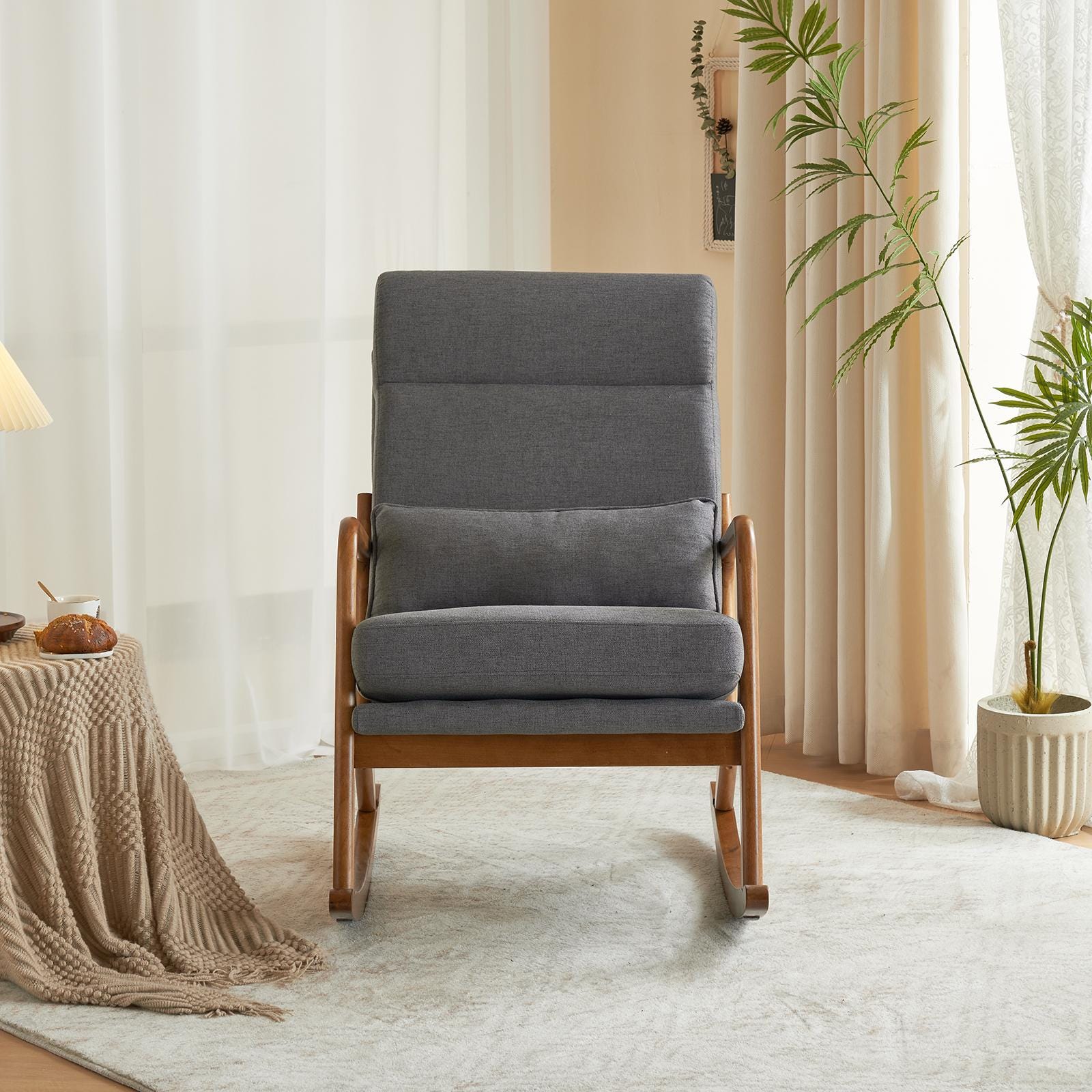 High Back Dark Gray Rocking with Solid Wood Armrest, Iron Frame, Linen Upholstered Seat, Dual-Use Indoor Armchair with Lumbar Pillow