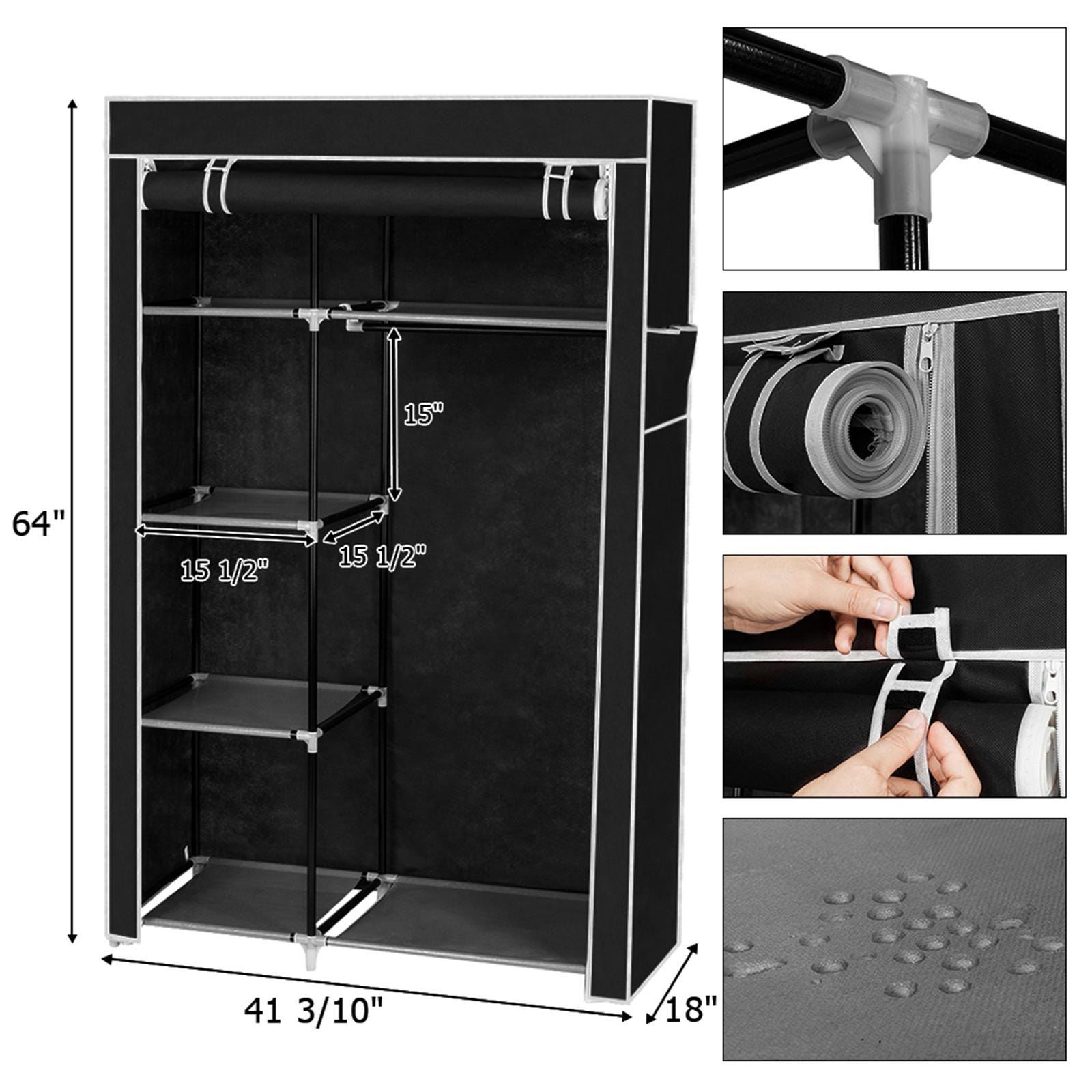 64" Portable Clothes Closet Wardrobe Storage Organizer Non-Woven Fabric Black Home Closet Shelves Dustproof Easy Assembly