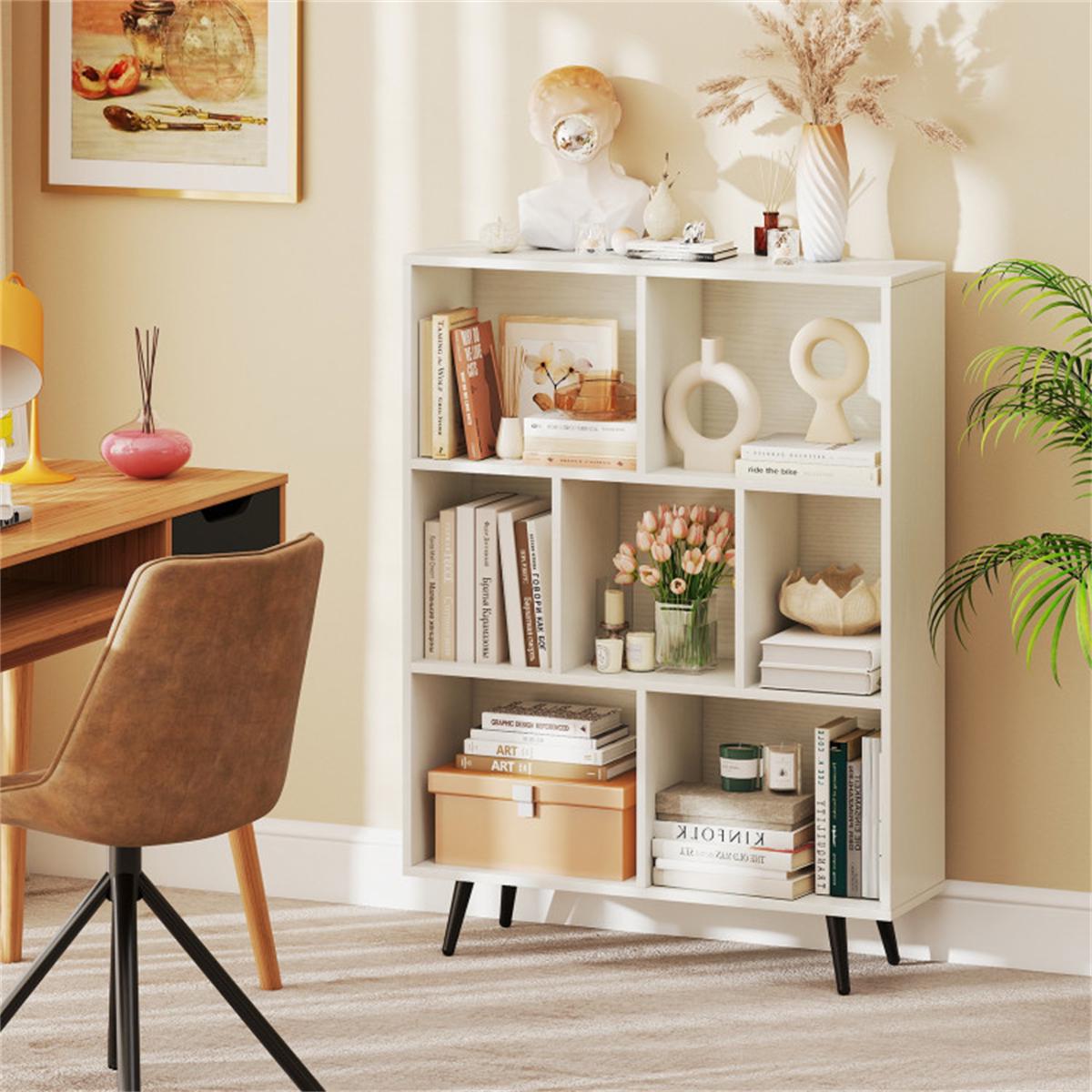 7 Cube 3 Tier Modern Bookcase White Bookshelf Storage Organizer with Metal Legs for Living Room Office Bedroom Home Decor