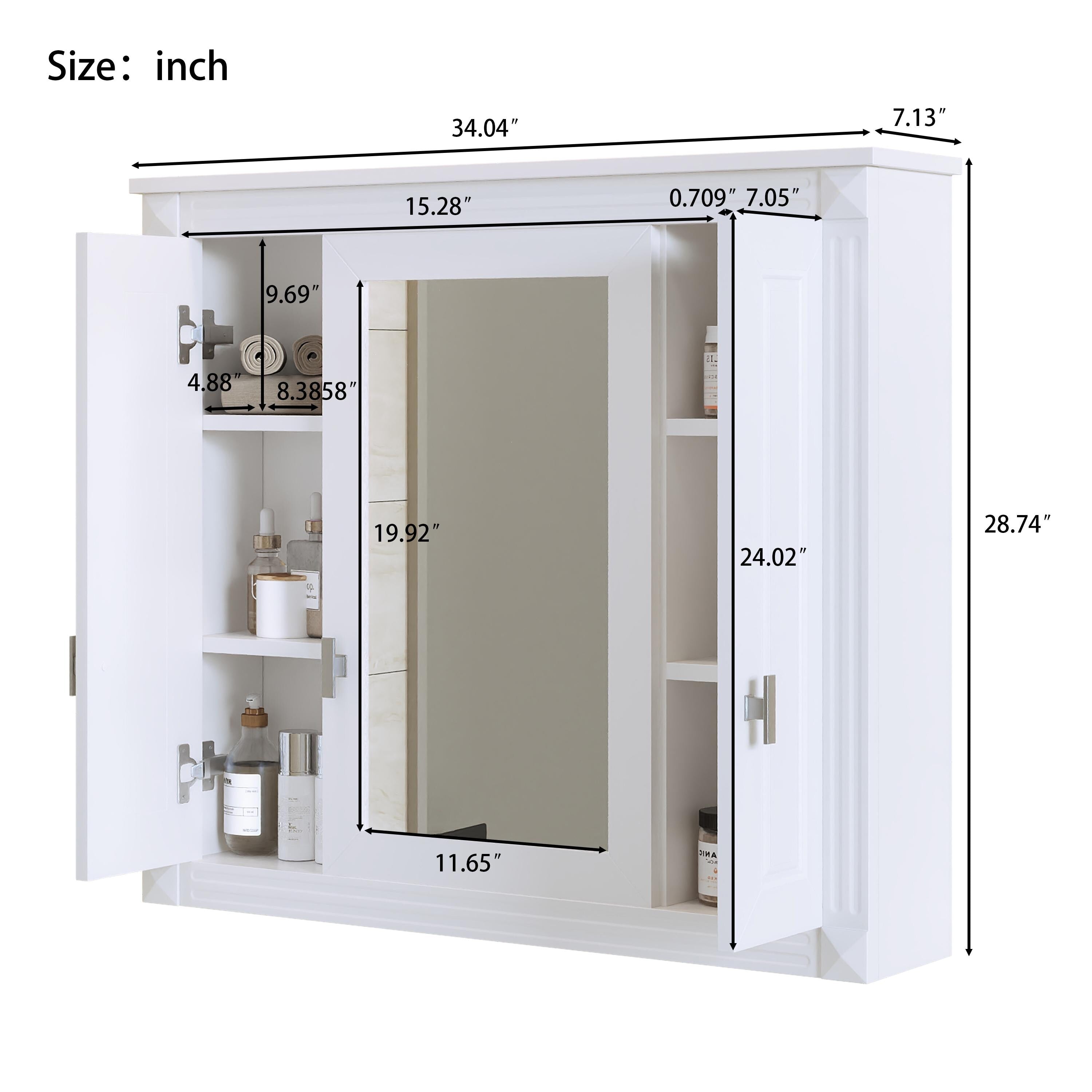 Bathroom Wall Cabinet with Mirror | White Wall Mounted Medicine Cabinet 5 Shelves Over Toilet Storage Organizer Modern MDF