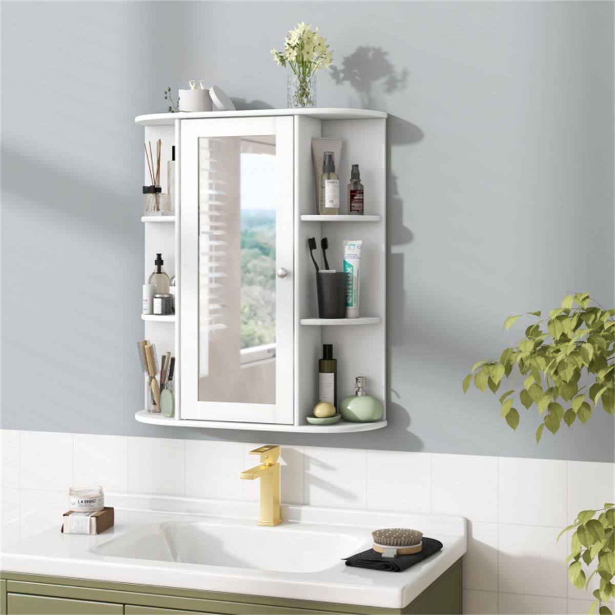 White Wall-Mounted Bathroom Cabinet with Mirror & Adjustable Shelves | Space-Saving MDF Storage Organizer for Toiletries