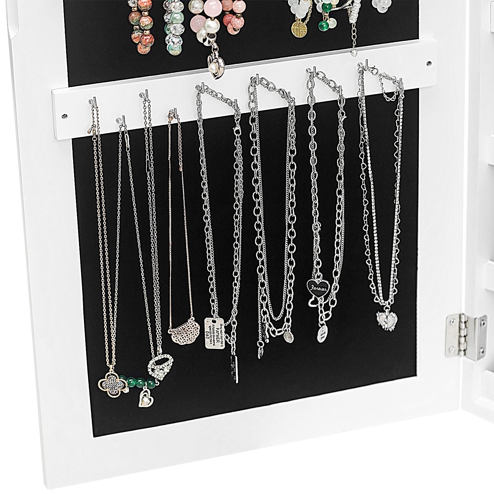 Wall Hanging Jewelry Mirror Cabinet with Lock | Full-Length PVC Film Door Jewelry Organizer, Velvet Lining & Hooks for Women