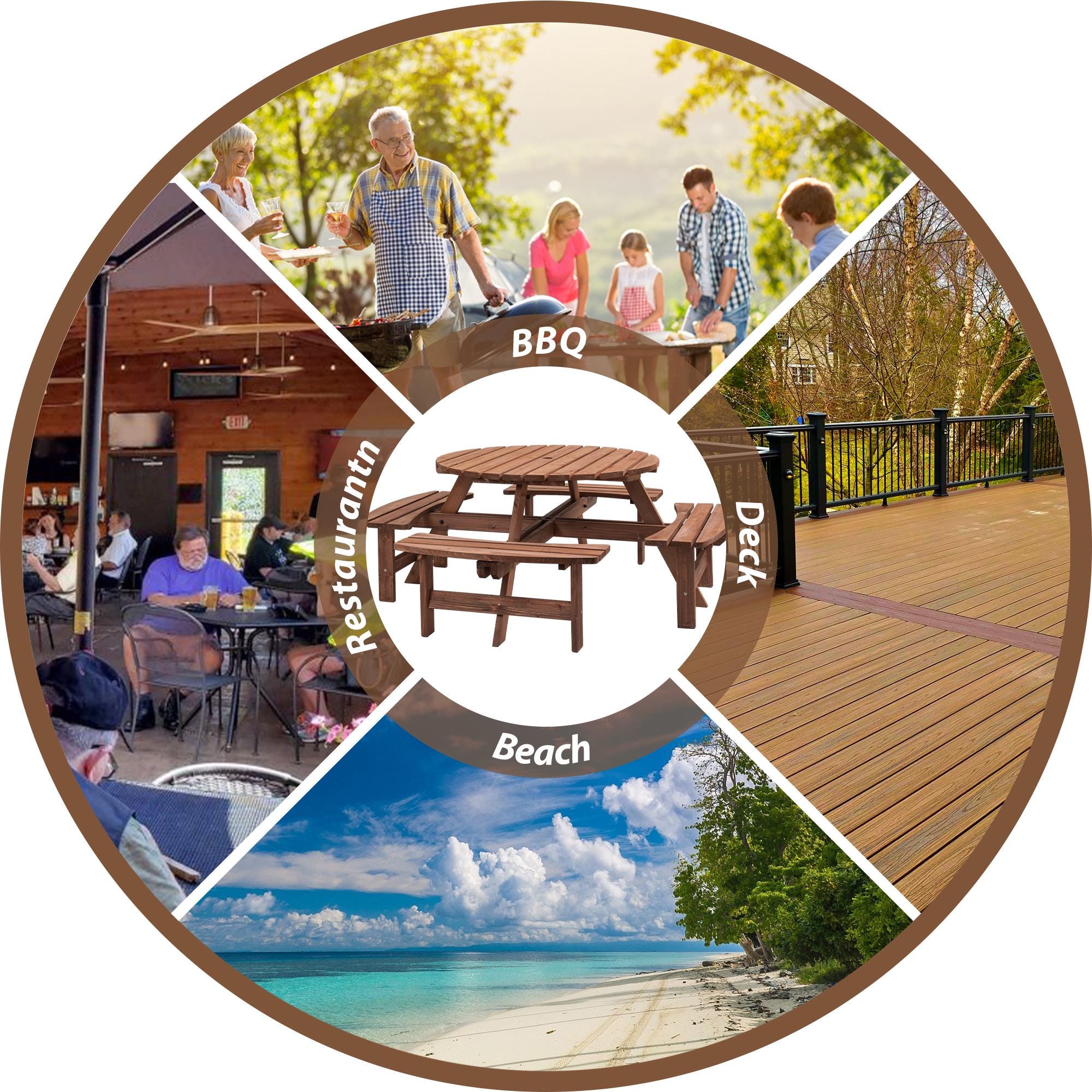 8-Person Outdoor Circular Wooden Picnic Table with 4 Built-In Benches | Patio Backyard Garden Dining Table Brown