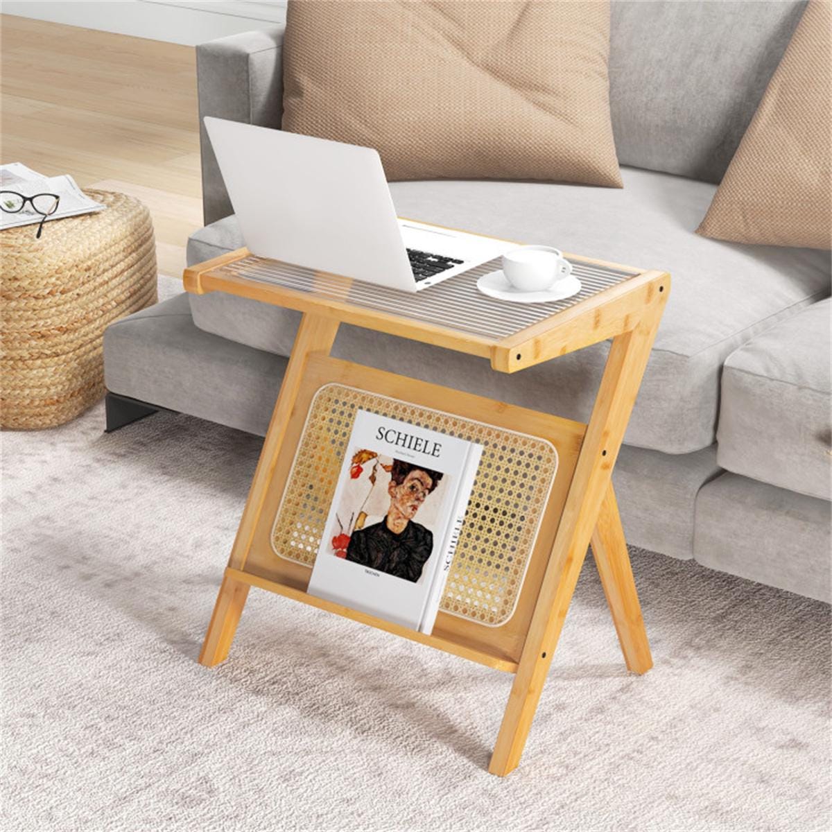Modern Bamboo Z-Shape Side Table with Glass Top & Rattan Shelf | Small Sofa End Table | Boho Bedside Nightstand for Living Room