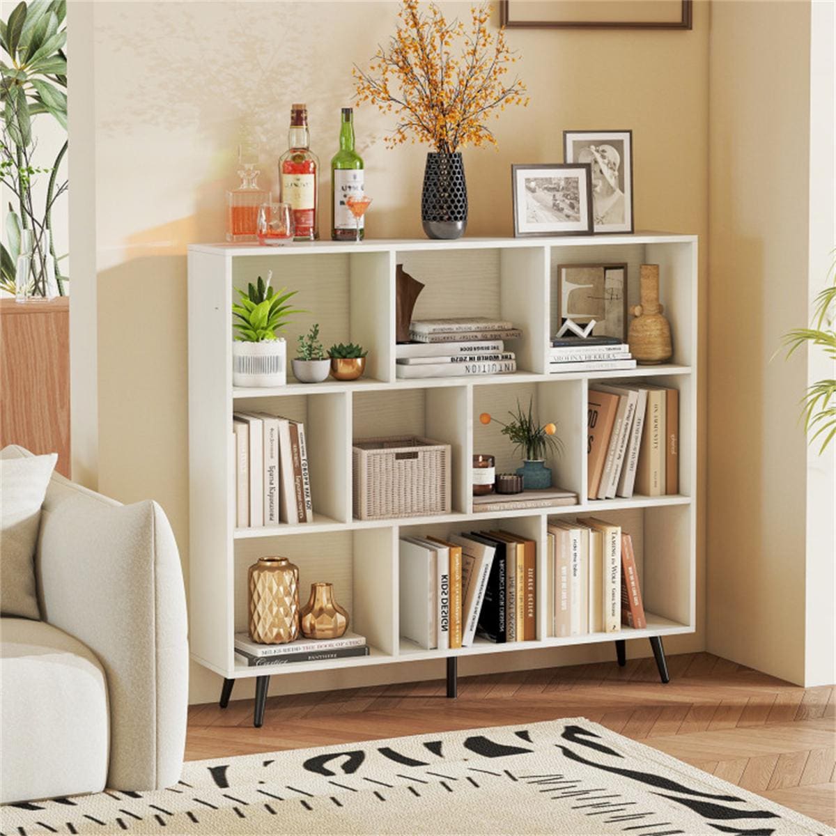 10 Cube Bookcase 3-Tier Modern Storage Organizer with Metal Legs | Bookshelves for Home, Office, Living Room, Kids Room
